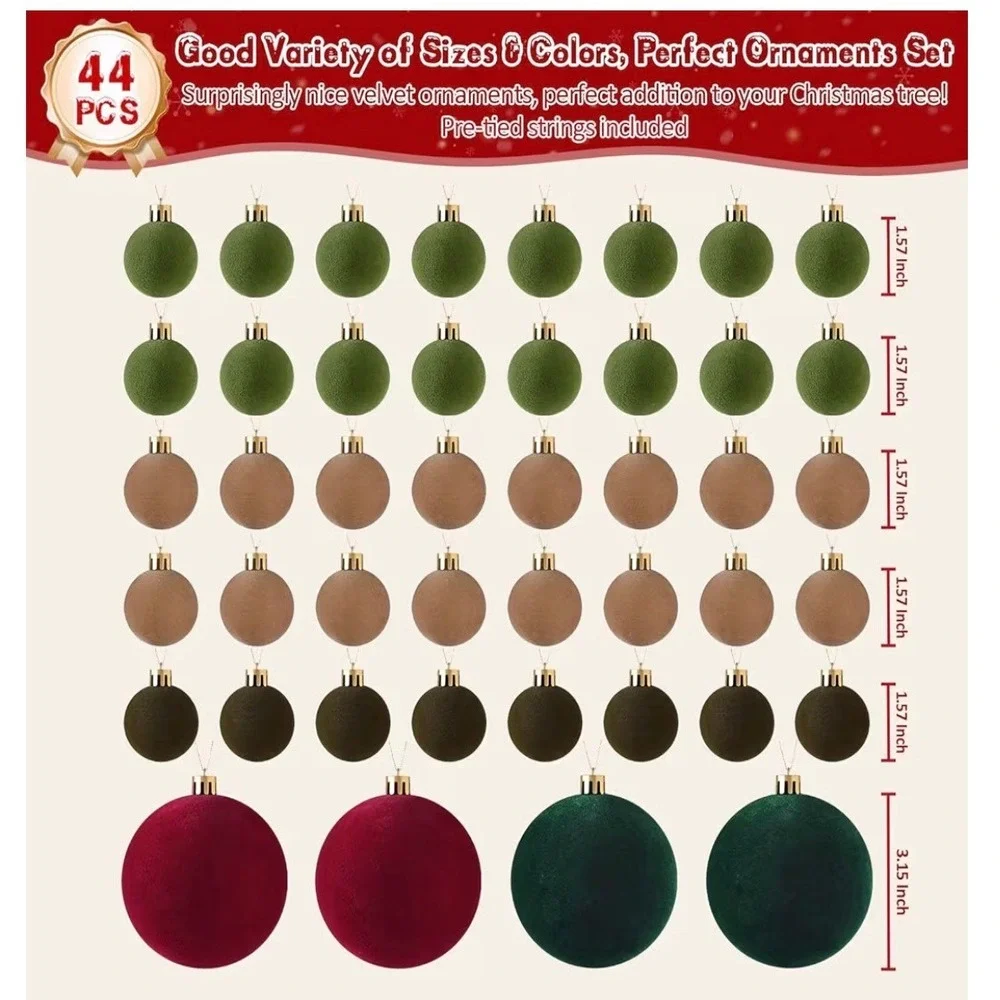 44‎ Pcs Velvet Christmas Ornaments Set Flocked Shatterproof Red Green Brown